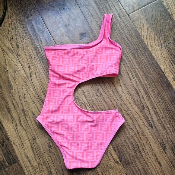 Fendi Women's Size S Pink One Piece Swimsuit Cut Out Side FF LOGO One Shoulder - Picture 4 of 6